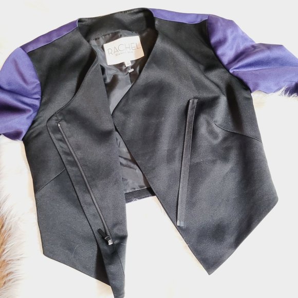 Rachel by Rachel Roy Cropped Black Asymmetrical Jacket Zippered Sateen Purple 2 - Picture 10 of 15